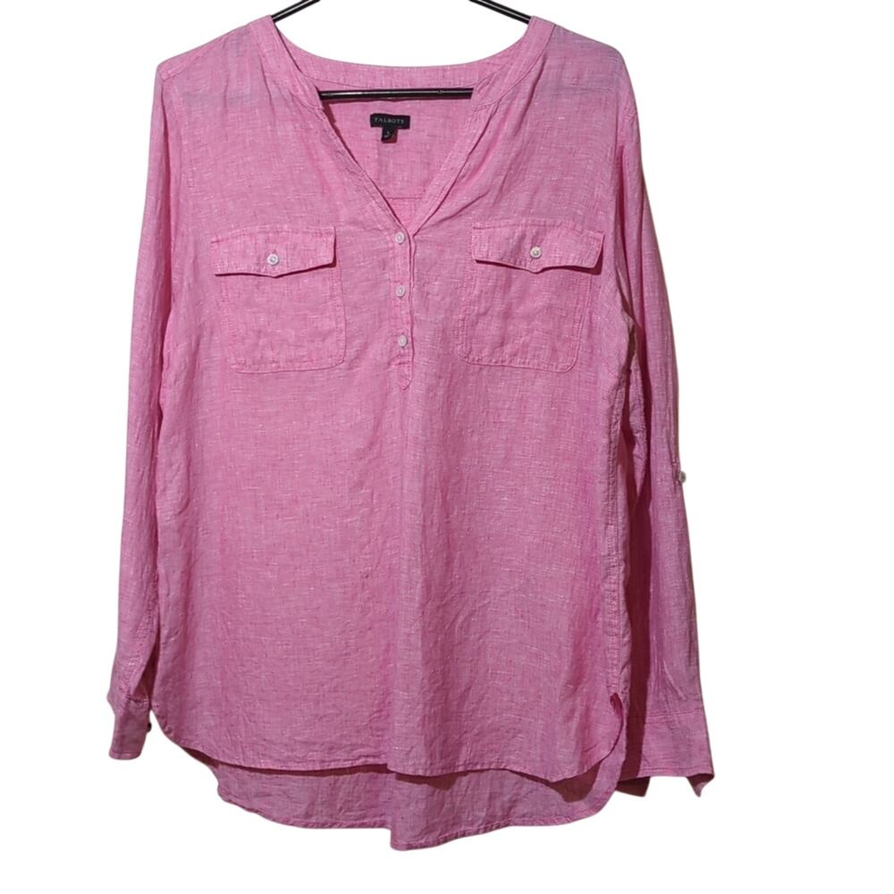 Talbot's Pink Linen V-Neck Roll Tab Sleeve Two Front Button Pocket Shirt Size L